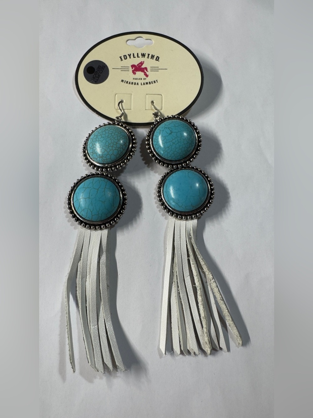 Idyllwind Turquoise Double Cabochon Fringe Earrings with White Tassels